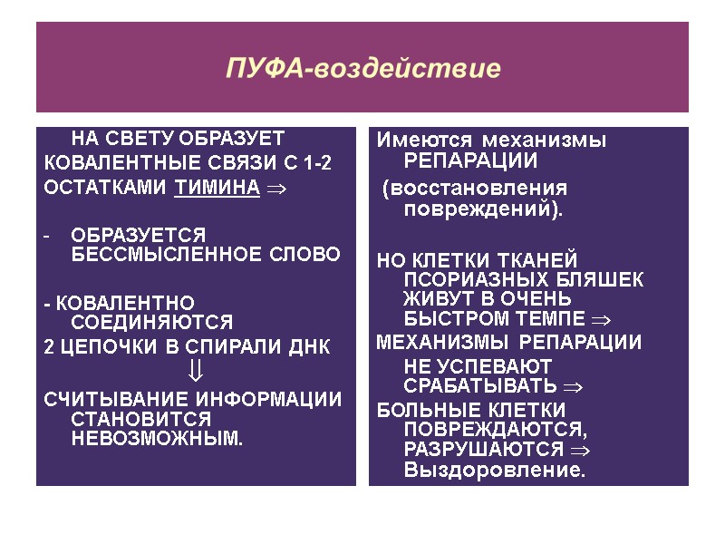 ПУФА-воздействие  НА СВЕТУ ОБРАЗУЕТ КОВАЛЕНТНЫЕ СВЯЗИ С 1-2 ОСТАТКАМИ ТИМИНА   